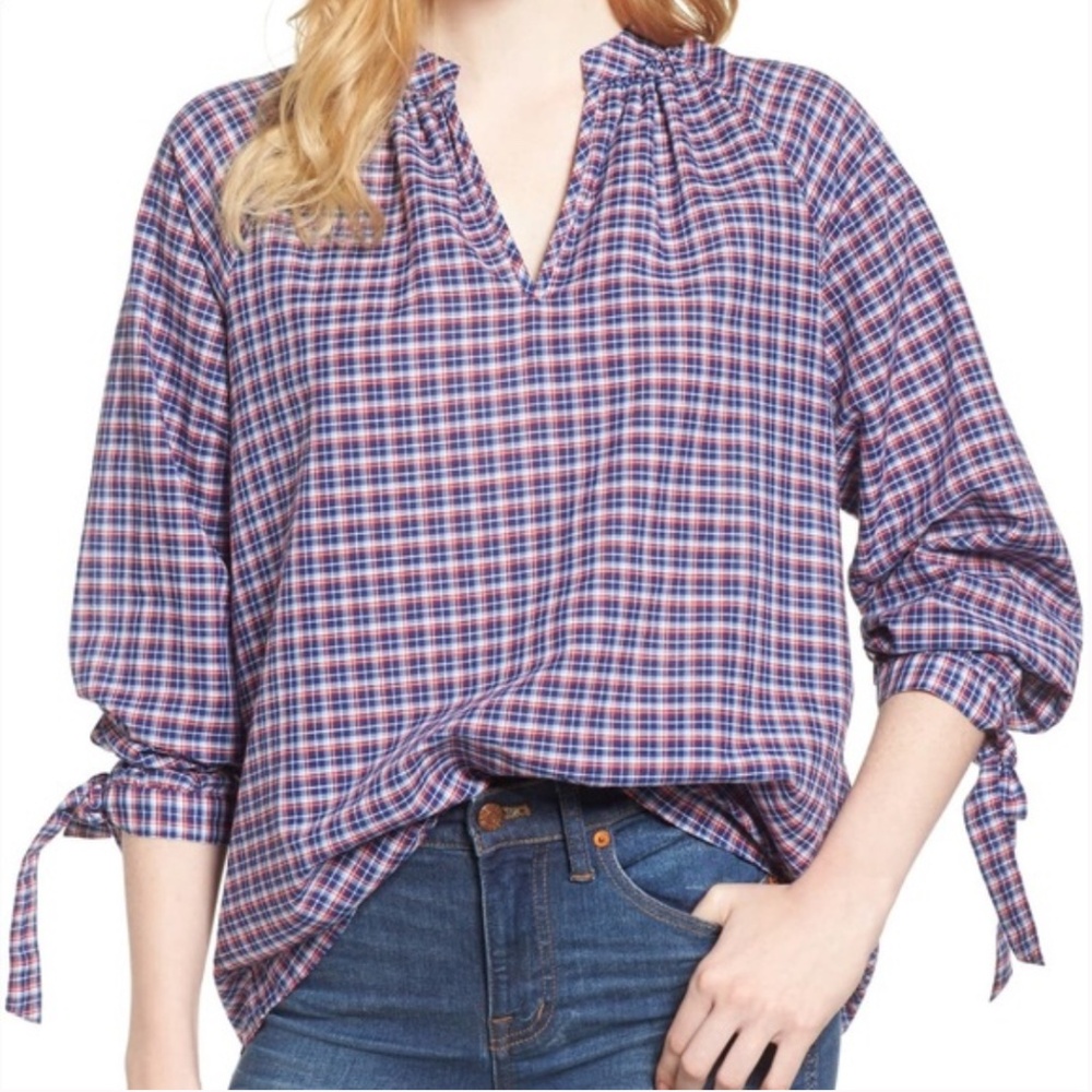 Madewell Whitby Plaid Tie Sleeve Linen Blend Popover Top Size Medium